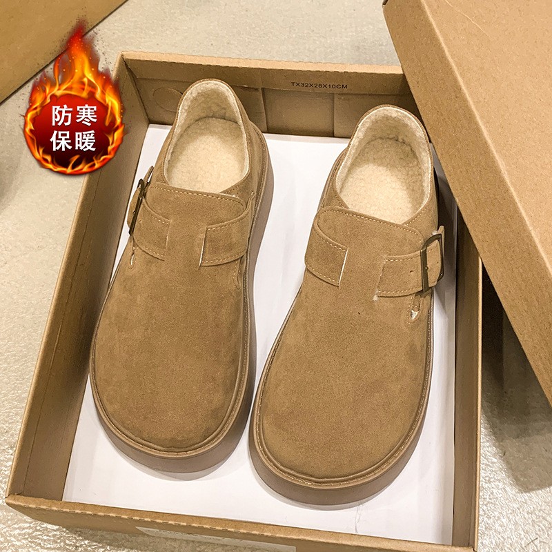 进口松糕厚底全包勃肯鞋女2025秋冬新款增高百搭一脚蹬乐福加绒博