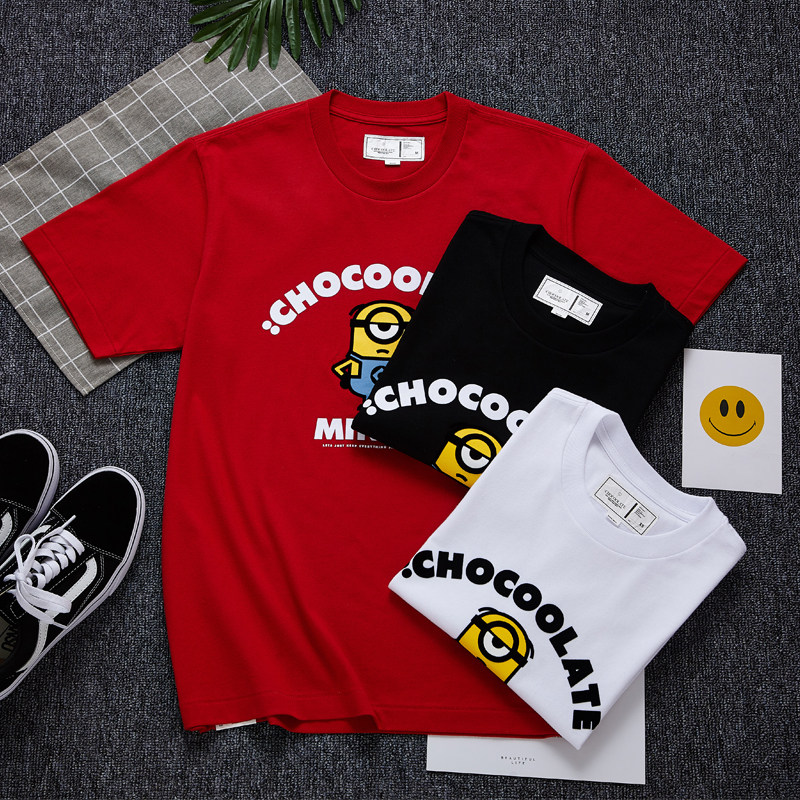 小黄人联名chocoolate短袖男女t恤亲子情侣款春夏植绒字母棉圆领