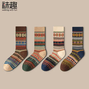 袜子女堆堆袜秋冬款 复古民族风长袜日系彩色长筒吸汗女生棉袜潮