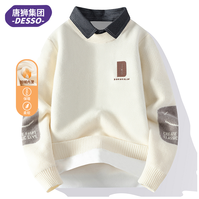 唐狮集团DESSO休闲衬衫领毛衣男2025冬季加绒加厚学生套头针织衫