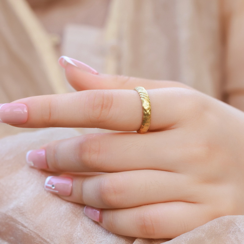 法式复古风手工拉丝金色戒指开口