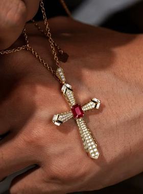 1.0CT培育红宝石十字架雕花项链欧美热销跨境嘻哈潮男女同款情侣