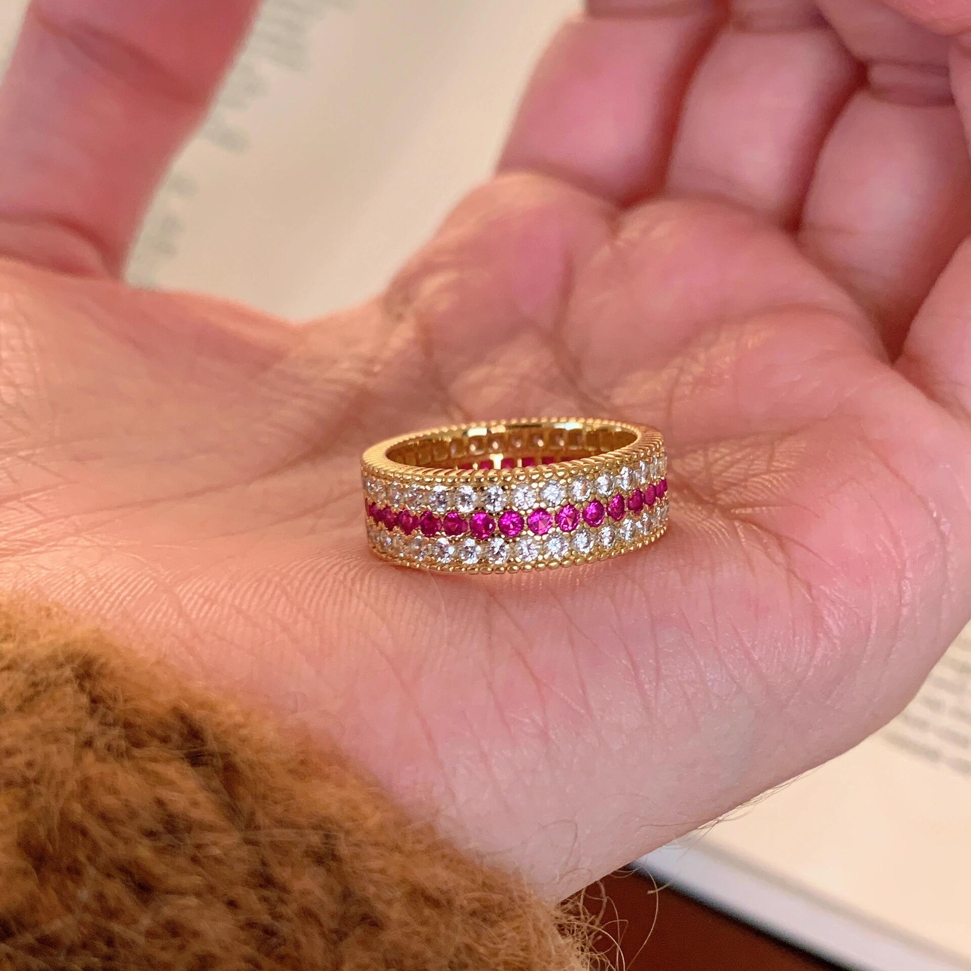 S925纯银红宝排钻戒指女中古风复古轻奢小众设计高级感小红书爆款