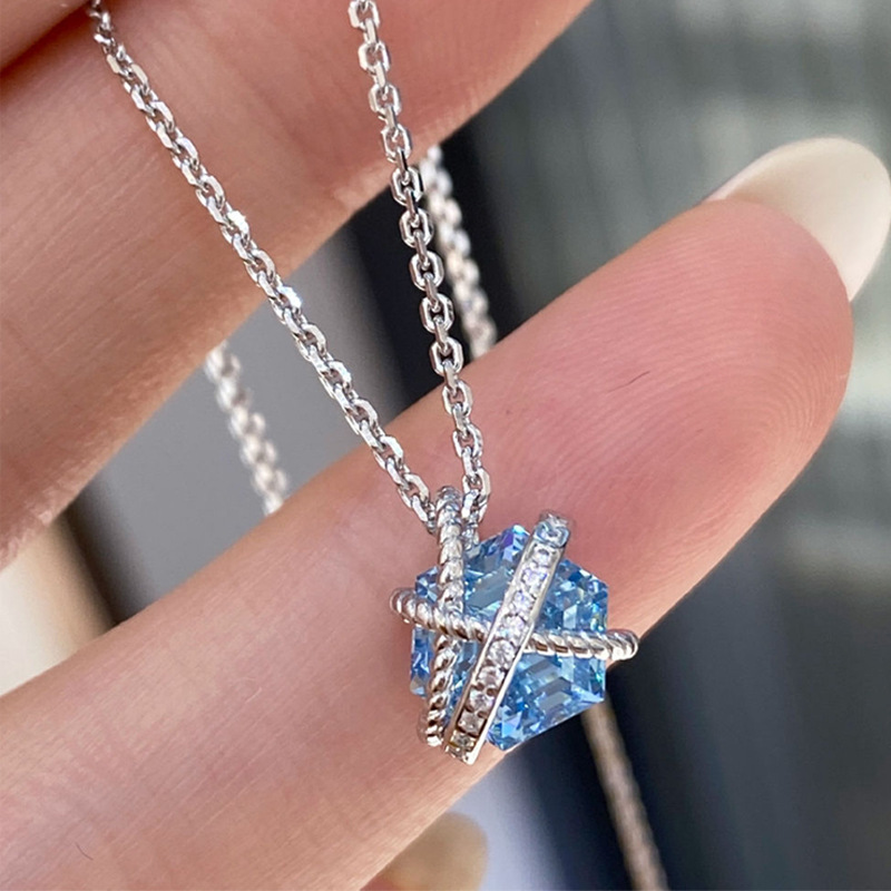 星光交织捆绑六角钻项链女单钻蓝色925银交叉缠绕锁骨链时尚通勤