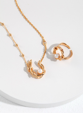 柳条圆环珍珠戒指S925银天然珍珠