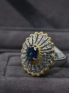 vintage中古宫廷风培育蓝宝石戒指拉丝复古高级感小众指环跨境热