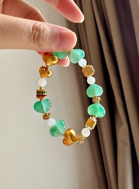 新中式复古风非洲翠屁桃手串 非洲翠+天然和田玉+S925银镀金配件