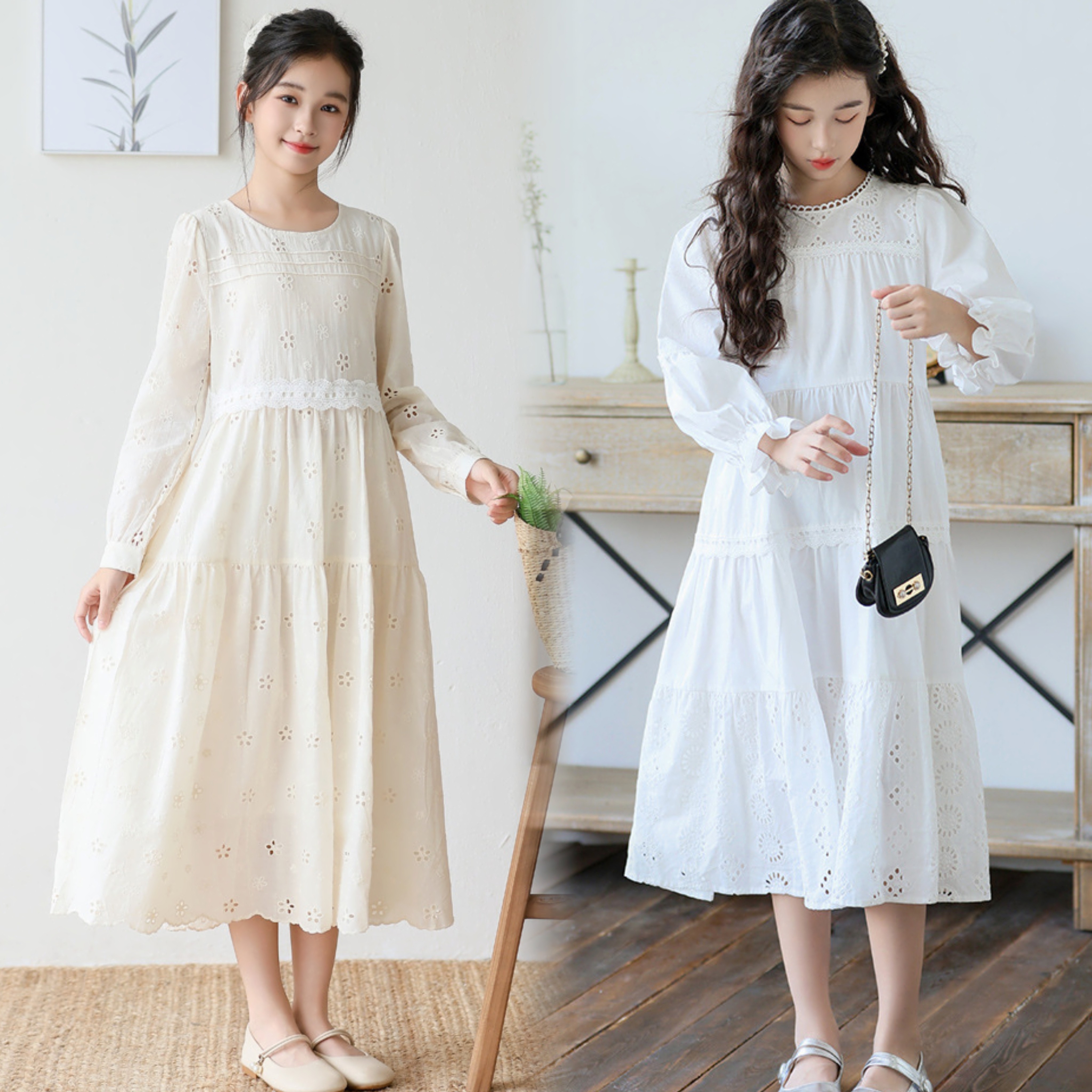 女孩纯棉连衣裙2026春秋中大童气质长裙女童长袖公主裙儿童礼服潮