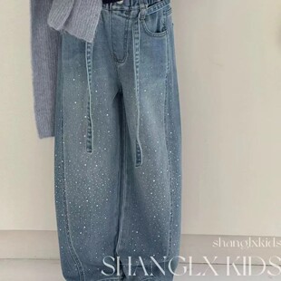 女童加绒满天星烫钻牛仔裤春装2026新款儿童带钻阔腿裤中大童裤子