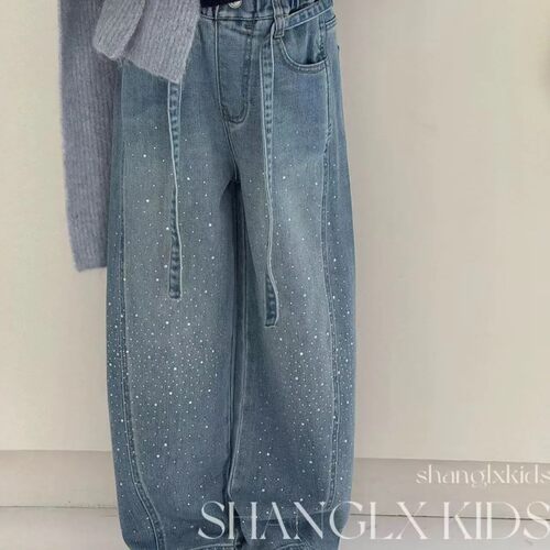 女孩满天星烫钻牛仔裤春装2026新款儿童带钻阔腿裤中大童弯刀裤