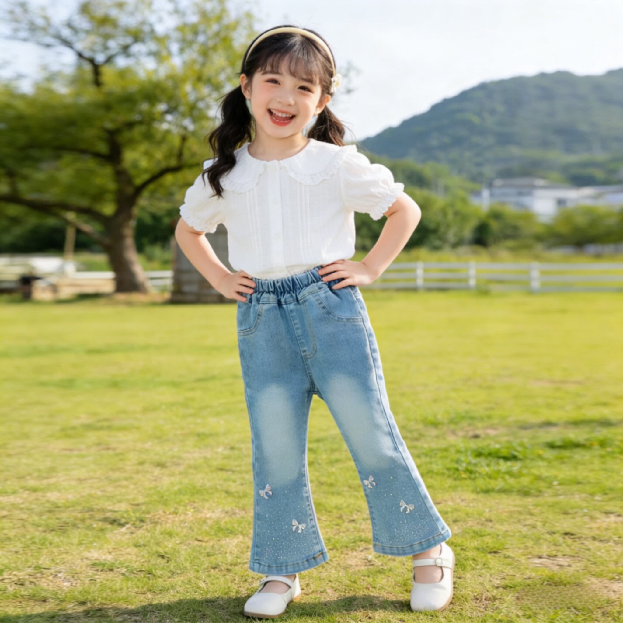 女童烫钻牛仔裤带钻微喇叭裤2026新款中大童长裤韩版牛仔裤春秋款