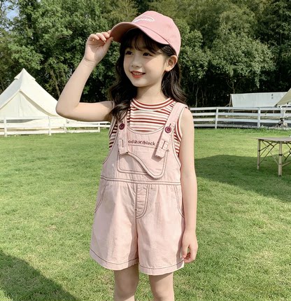 宝宝牛仔背带裤套装2026新款儿童条纹背心短裤两件套女童背带裤子