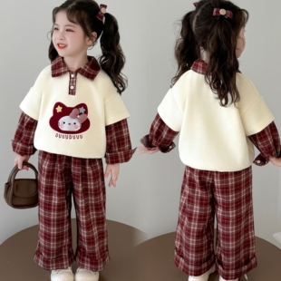 女宝宝韩版格子套装2025秋款女童卫衣春秋新装小女孩洋气两件套装