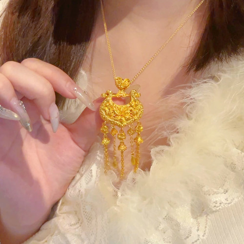 Paula 新中式国潮风丨点钻流苏祥云丨百合大号如意锁包项链 S045