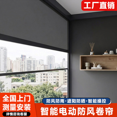 无框阳台智能电动防风卷帘户外防风防雨防蚊虫阳光房遮阳帘升降帘