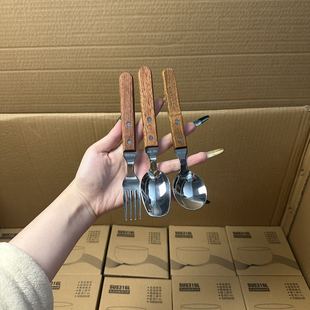 颜一好物 304不锈钢加厚高颜值餐具叉勺胡桃木西餐具叉子勺子套装