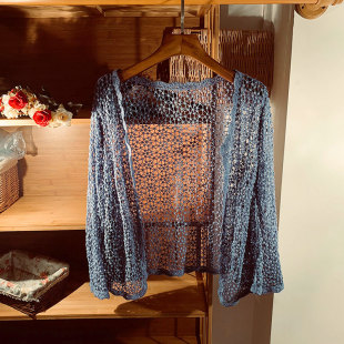 新款 韩国独特宽松短款 镂空时尚 女长袖 百搭披肩 钩花开衫 2024年夏装