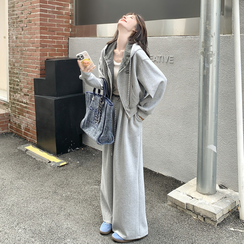 新款格纹拼接卫衣套装163-2539-P185控278,女装套装/套裙,拾菱