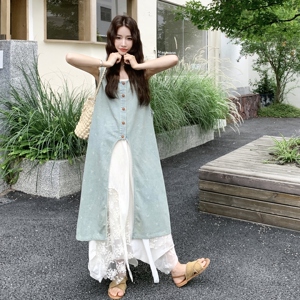 无袖牛仔连衣裙套装女夏不规则蕾丝拼接半身裙两件套爆款减龄流行图片