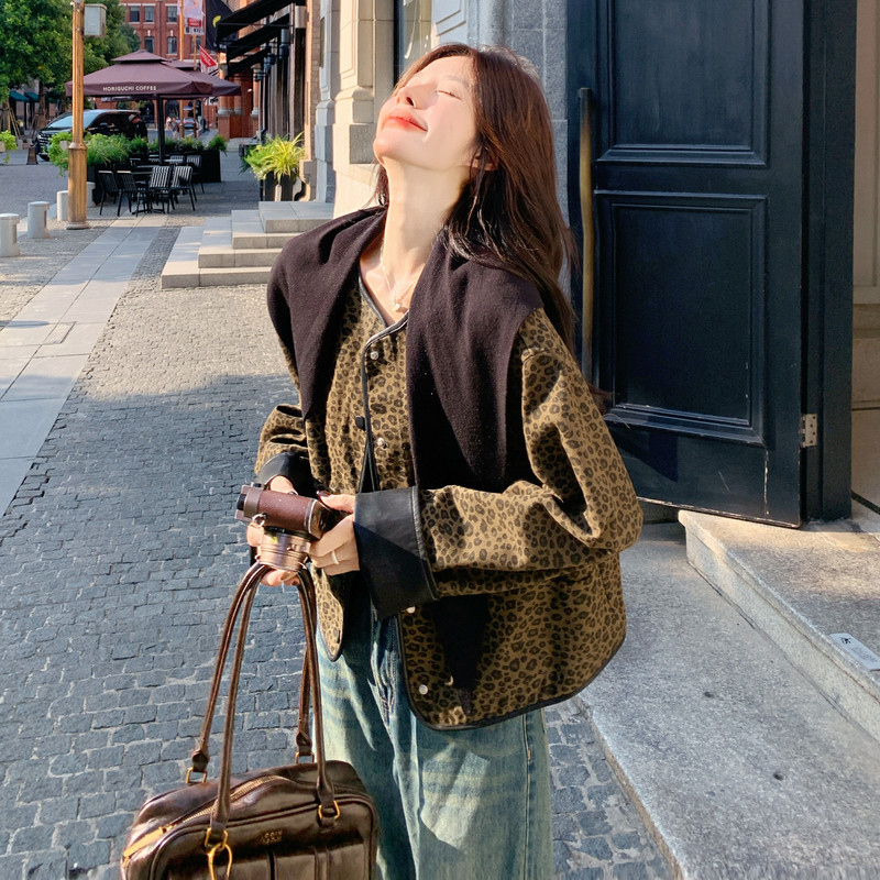 复古百搭时髦撞色包边豹纹外套女2025秋季氛围感减龄气质短款上衣,女装短外套,拾菱