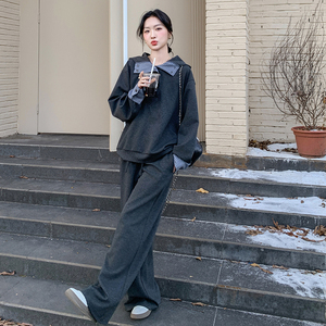 休闲运动格纹拼接灰色卫衣套装裤女春秋季又a又飒御姐减龄两件套图片