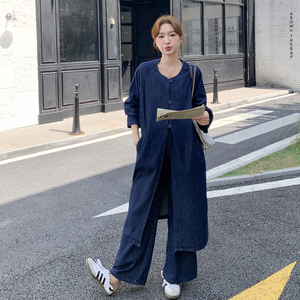 慵懒风牛仔套装女2025秋季新款复古休闲宽松长款外套阔腿裤两件套，女装套装/套裙，拾菱