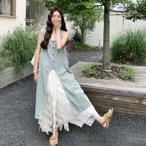 无袖牛仔连衣裙套装女夏不规则蕾丝拼接半身裙两件套爆款减龄流行图片