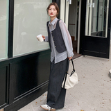 深灰色慵懒风马甲时尚套装女2025秋季法式小个子减龄阔腿裤三件套，女装套装/套裙，拾菱