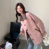撞色翻领宽松休闲粉色外套女春秋2025新款流行爆款百搭巨好看上衣，女装短外套，拾菱