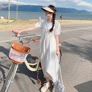 法式复古浪漫温柔风休闲马甲连衣裙套女夏季大码宽松孕妇胖mm显瘦