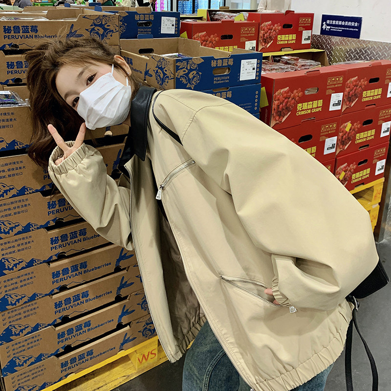撞色PU皮翻领宽松短外套女春秋2025新款今年流行爆款超火夹克上衣,女装短外套,拾菱