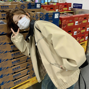 撞色PU皮翻领宽松短外套女春秋2025新款今年流行爆款超火夹克上衣图片