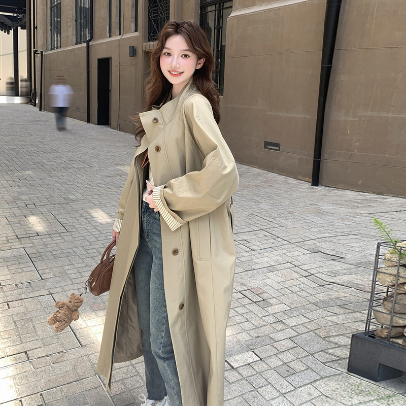 新款条纹袖口长款风衣外套163-2518-P185控268,女装风衣,拾菱