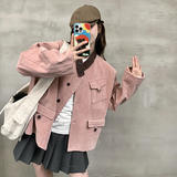 粉色麂皮绒工装短款外套女春秋2025新款超火好看高级小众夹克上衣，女装短外套，拾菱