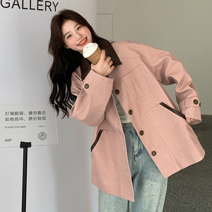 撞色翻领宽松休闲粉色外套女春秋2025新款流行爆款百搭巨好看上衣