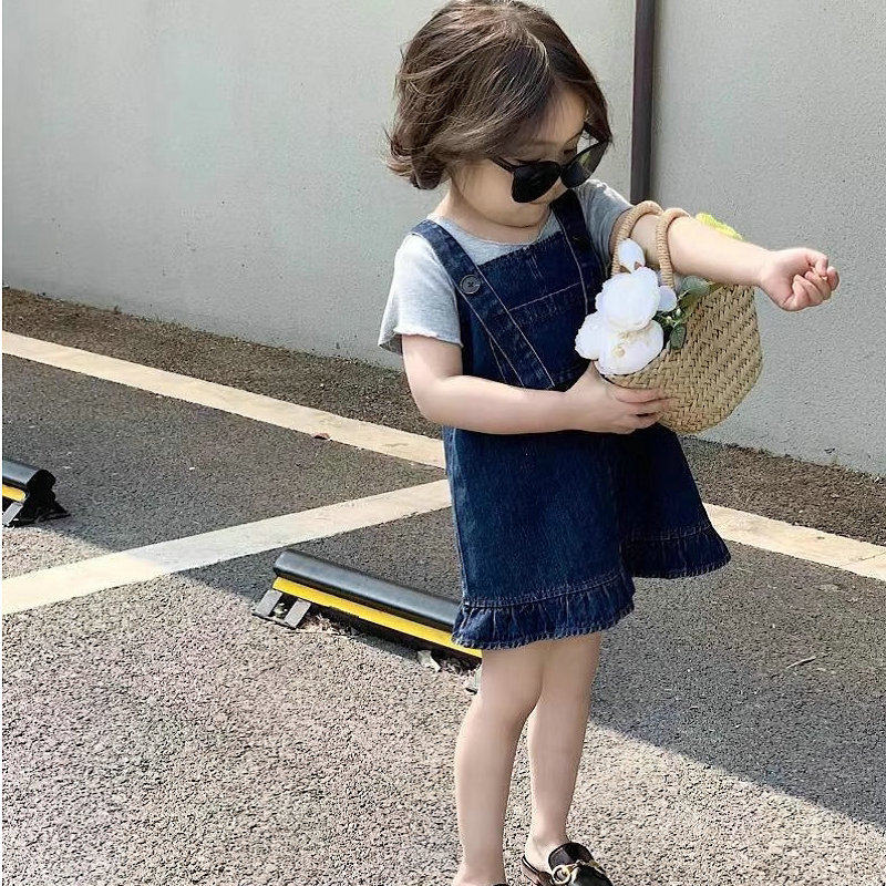 2024夏装新款童装儿童套装女童短袖木耳边上衣加牛仔背心裙二件套