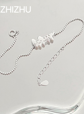 大只猪在家 原创可爱好好猫咪s925纯银好运简单手链链条