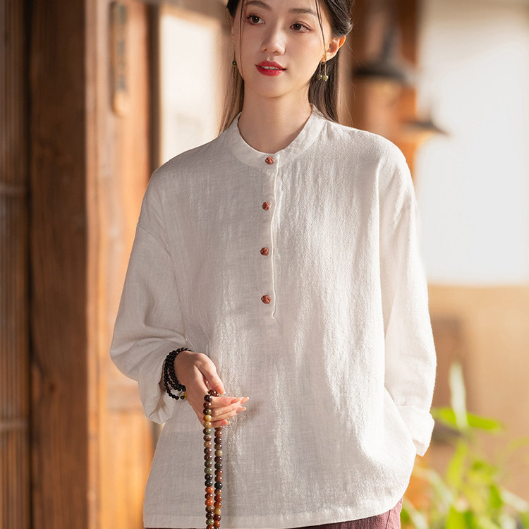 2025春夏新品中式纯色棉麻上衣衬衫女式宽松复古套头T恤国风汉服