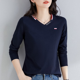 长袖t恤女2026年春季新款修身宽松内搭打底衫时尚洋气纯棉v领上衣