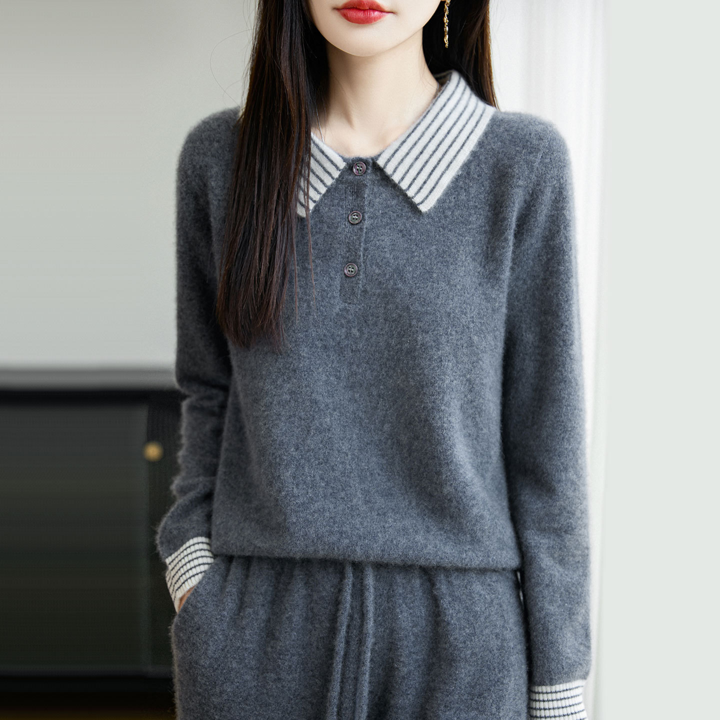 翻领假两件羊毛女针织打底衫保暖