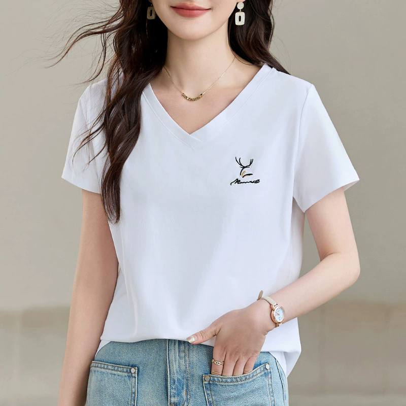白色v领短袖t恤女2025夏季新款爆款女装修身正肩显瘦上衣半袖体恤