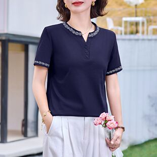 v领短袖t恤女2026新款夏季高端民族风女装时尚洋气上衣半袖体恤女