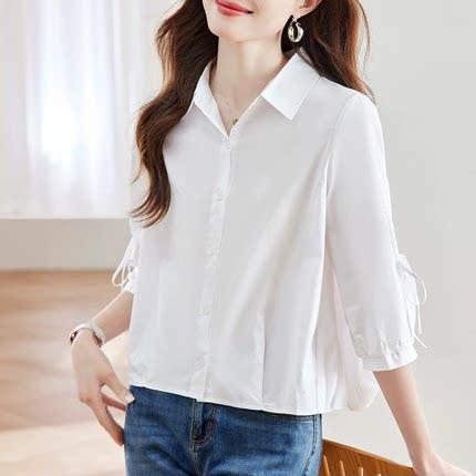 白衬衫女七分袖2026新款夏季宽松小个子设计感上衣灯笼袖纯棉衬衣