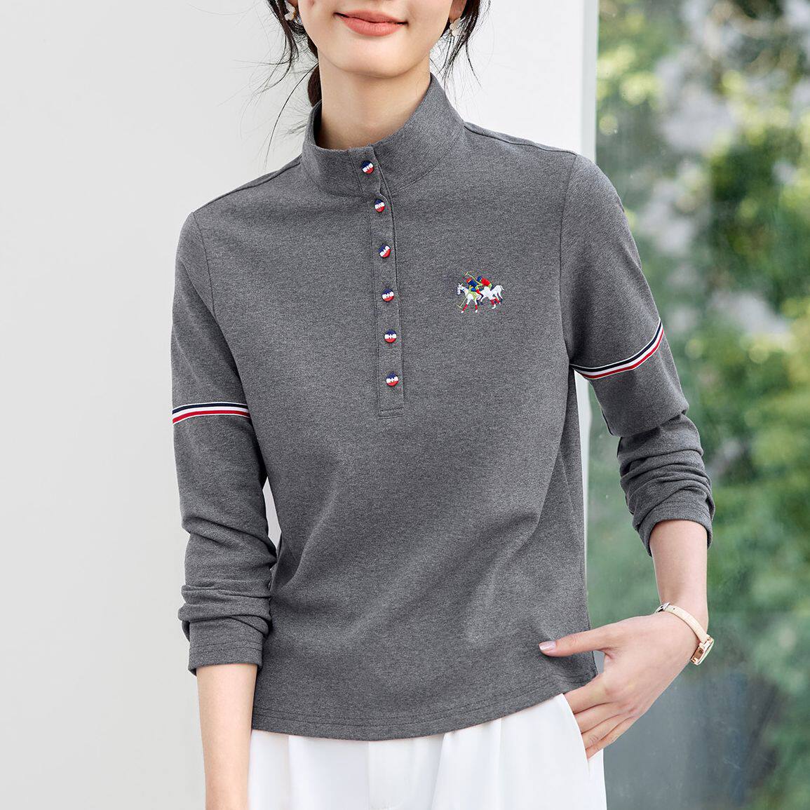 立领长袖T恤女装2026新款春季高级感条纹内搭修身薄款正肩打底衫