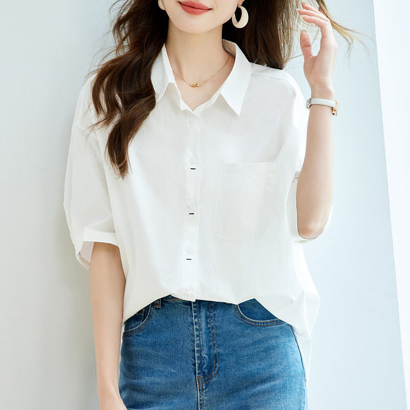 白色短袖衬衫女装2026新款夏季韩版宽松休闲纯棉衬衣通勤气质上衣