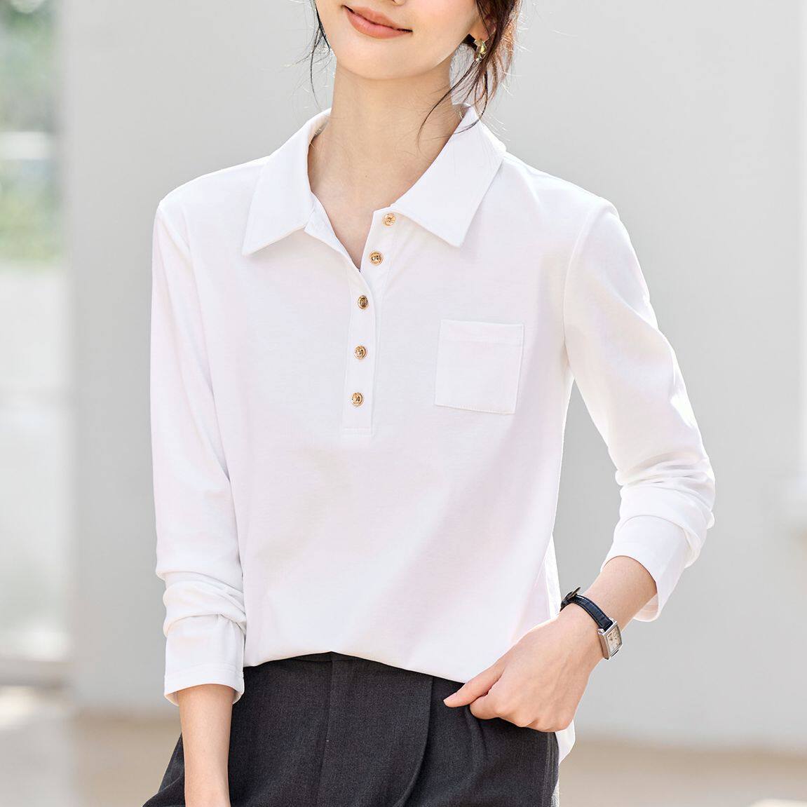 polo领正肩长袖t恤女2026新款春秋季爆款洋气女装翻领打底衫上衣