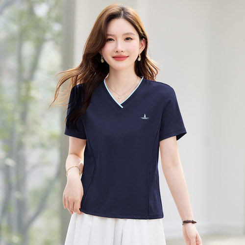 夏季刺绣V领短袖显瘦T恤女