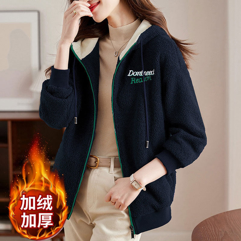 连帽羊羔毛卫衣女上衣加绒外套