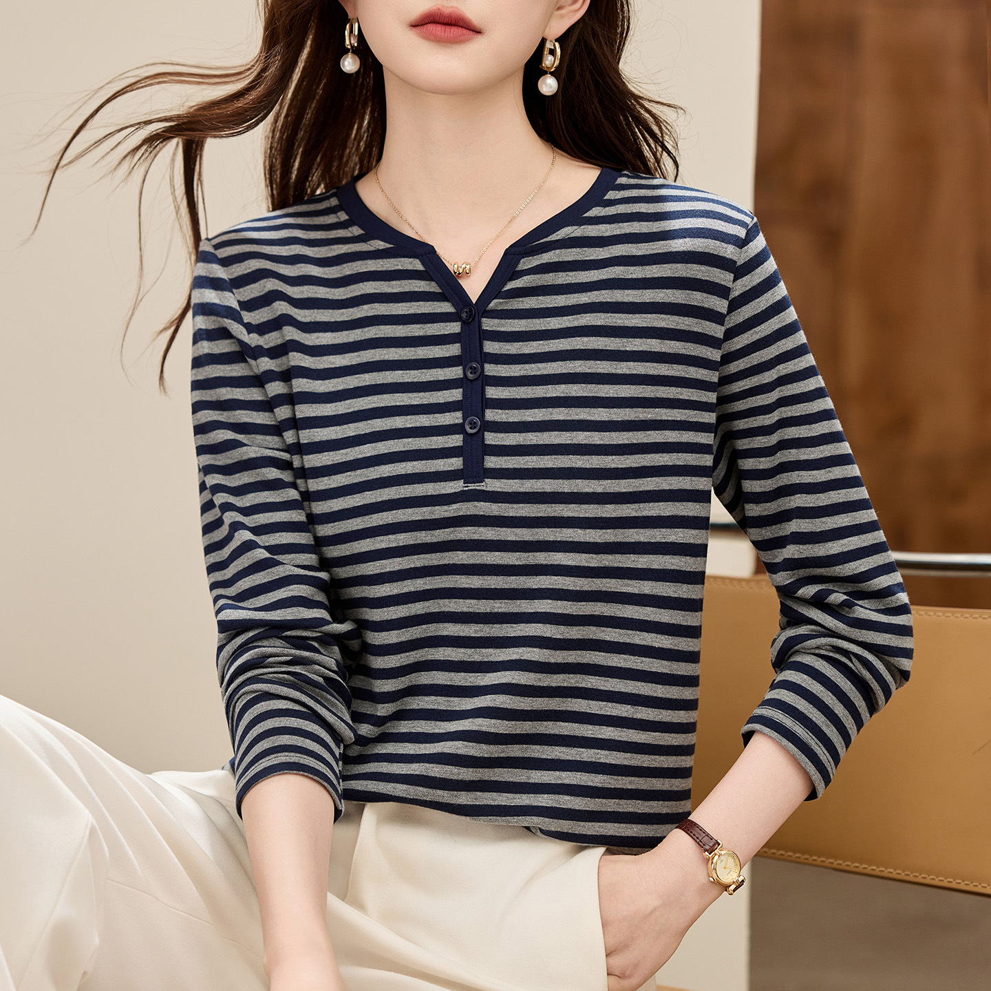 条纹长袖t恤女春秋2025新款爆款