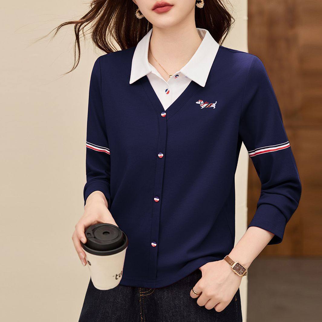 翻领正肩长袖t恤女2026新款春季爆款洋气女装宽松显瘦假两件上衣